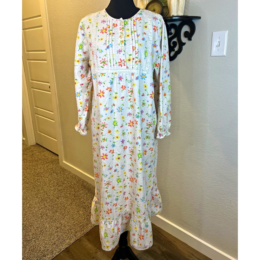 National Vintage 80s 90s White Multicolor Floral Flannel 100% Cotton Nightgown M